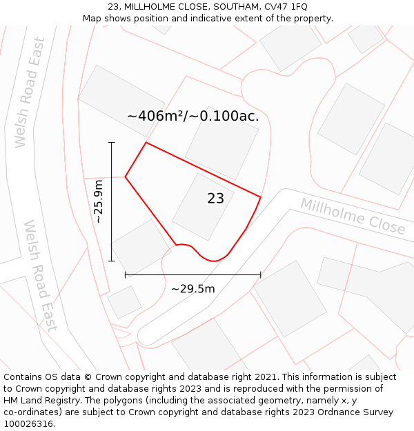 23, MILLHOLME CLOSE, SOUTHAM, CV47 1FQ: Plot and title map