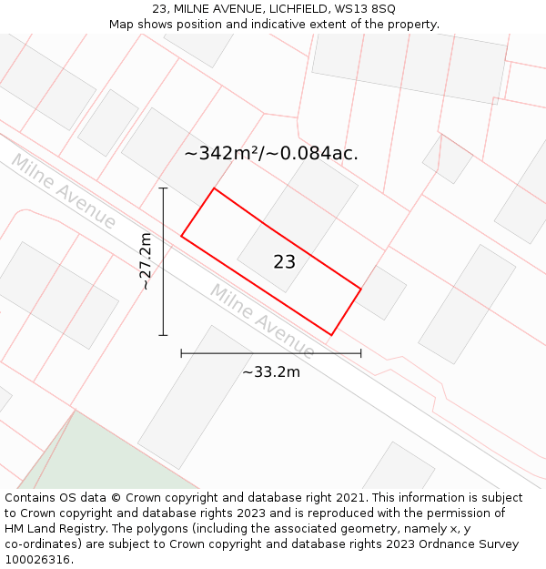 23, MILNE AVENUE, LICHFIELD, WS13 8SQ: Plot and title map