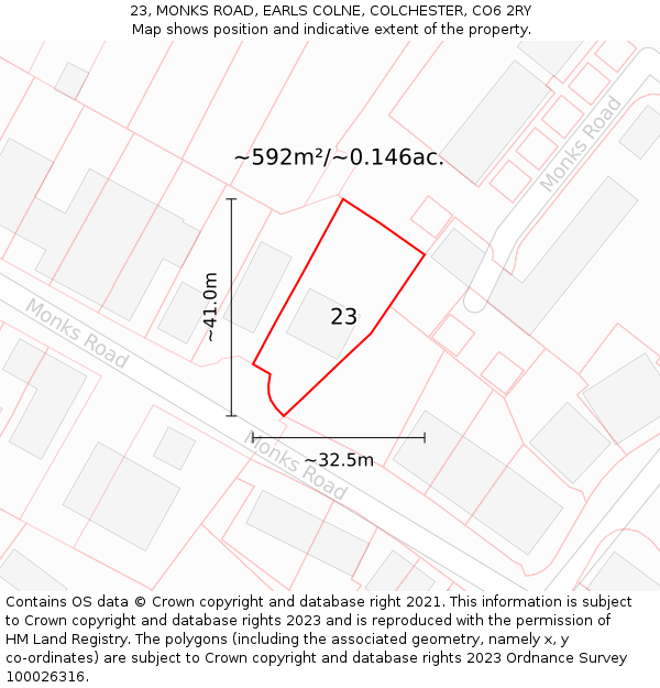 23, MONKS ROAD, EARLS COLNE, COLCHESTER, CO6 2RY: Plot and title map