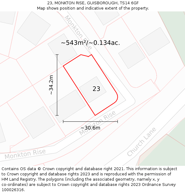 23, MONKTON RISE, GUISBOROUGH, TS14 6GF: Plot and title map