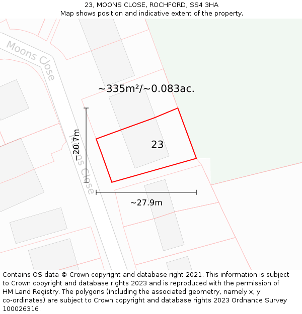 23, MOONS CLOSE, ROCHFORD, SS4 3HA: Plot and title map