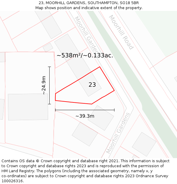 23, MOORHILL GARDENS, SOUTHAMPTON, SO18 5BR: Plot and title map