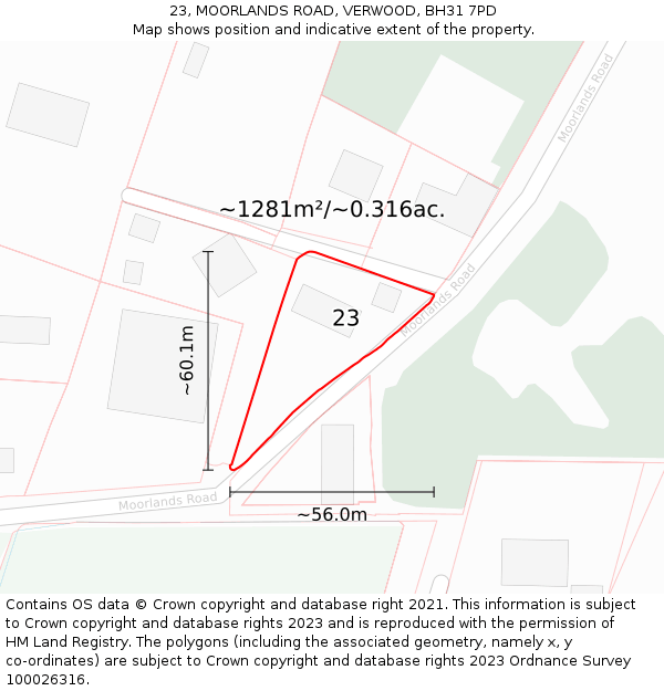 23, MOORLANDS ROAD, VERWOOD, BH31 7PD: Plot and title map