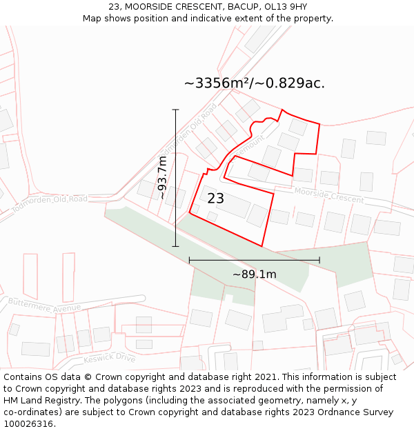 23, MOORSIDE CRESCENT, BACUP, OL13 9HY: Plot and title map