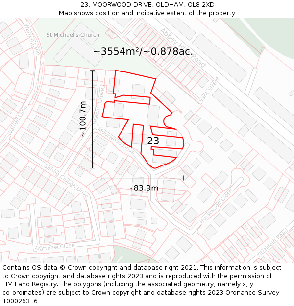 23, MOORWOOD DRIVE, OLDHAM, OL8 2XD: Plot and title map