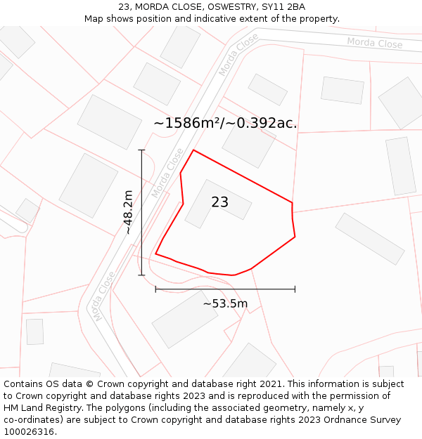 23, MORDA CLOSE, OSWESTRY, SY11 2BA: Plot and title map
