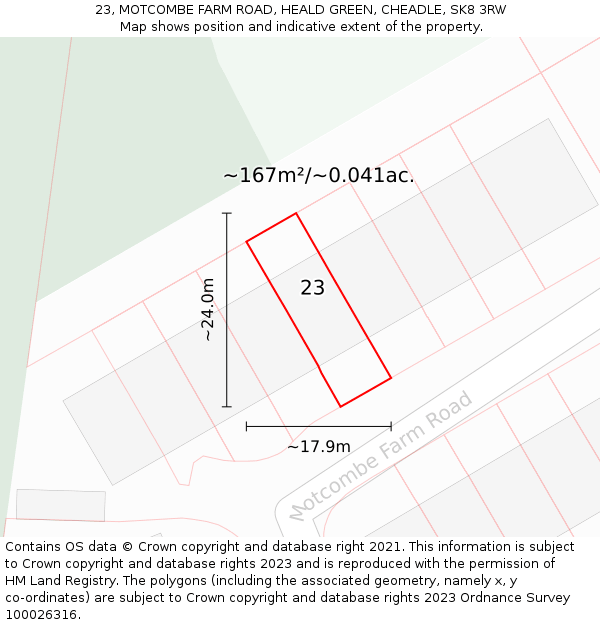 23, MOTCOMBE FARM ROAD, HEALD GREEN, CHEADLE, SK8 3RW: Plot and title map