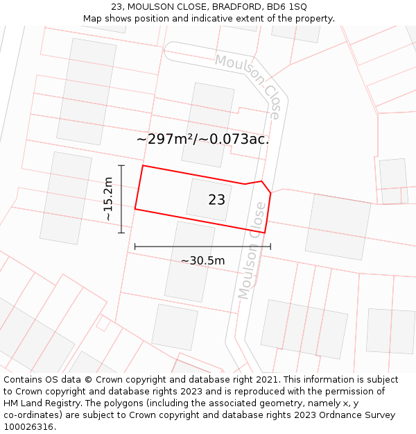 23, MOULSON CLOSE, BRADFORD, BD6 1SQ: Plot and title map