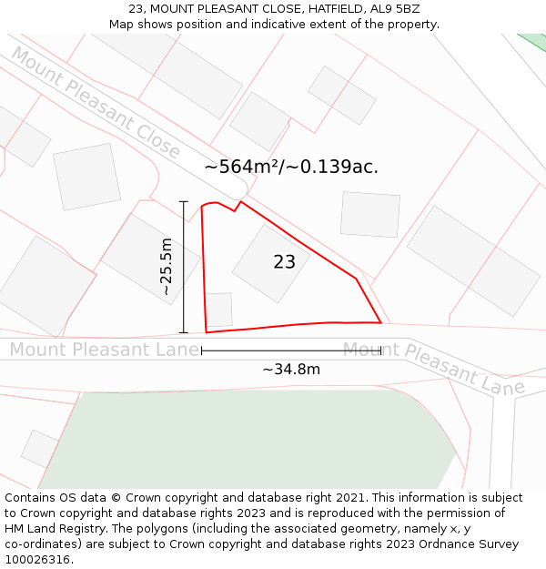 23, MOUNT PLEASANT CLOSE, HATFIELD, AL9 5BZ: Plot and title map