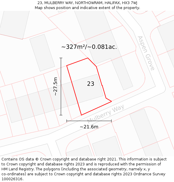 23, MULBERRY WAY, NORTHOWRAM, HALIFAX, HX3 7WJ: Plot and title map