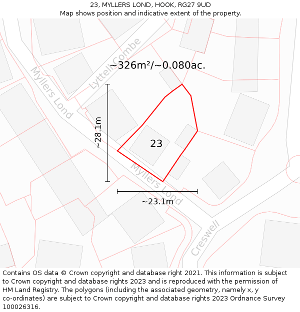 23, MYLLERS LOND, HOOK, RG27 9UD: Plot and title map