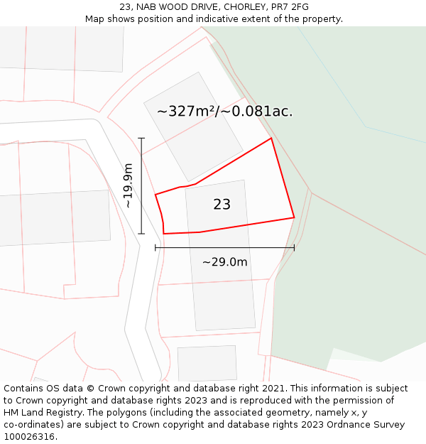 23, NAB WOOD DRIVE, CHORLEY, PR7 2FG: Plot and title map