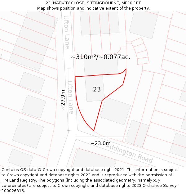 23, NATIVITY CLOSE, SITTINGBOURNE, ME10 1ET: Plot and title map