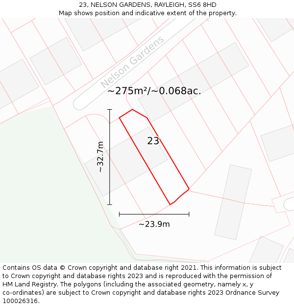 23, NELSON GARDENS, RAYLEIGH, SS6 8HD: Plot and title map