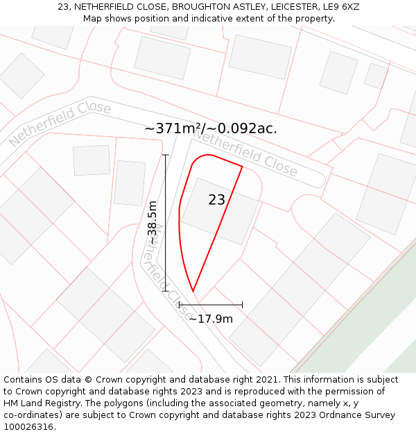 23, NETHERFIELD CLOSE, BROUGHTON ASTLEY, LEICESTER, LE9 6XZ: Plot and title map