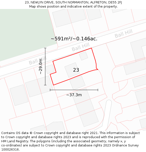 23, NEWLYN DRIVE, SOUTH NORMANTON, ALFRETON, DE55 2FJ: Plot and title map