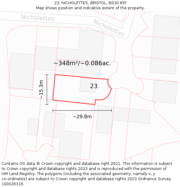 23, NICHOLETTES, BRISTOL, BS30 8YF: Plot and title map