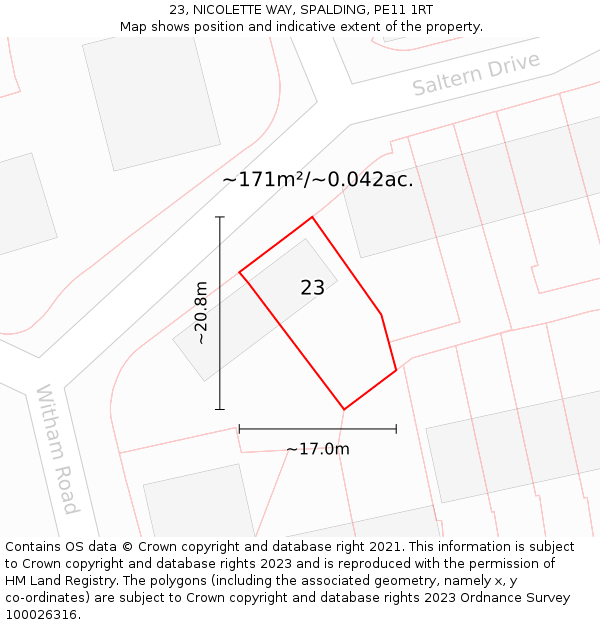 23, NICOLETTE WAY, SPALDING, PE11 1RT: Plot and title map