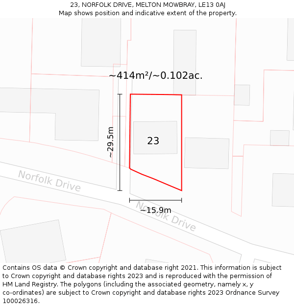 23, NORFOLK DRIVE, MELTON MOWBRAY, LE13 0AJ: Plot and title map