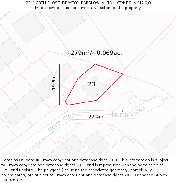 23, NORTH CLOSE, DRAYTON PARSLOW, MILTON KEYNES, MK17 0JQ: Plot and title map