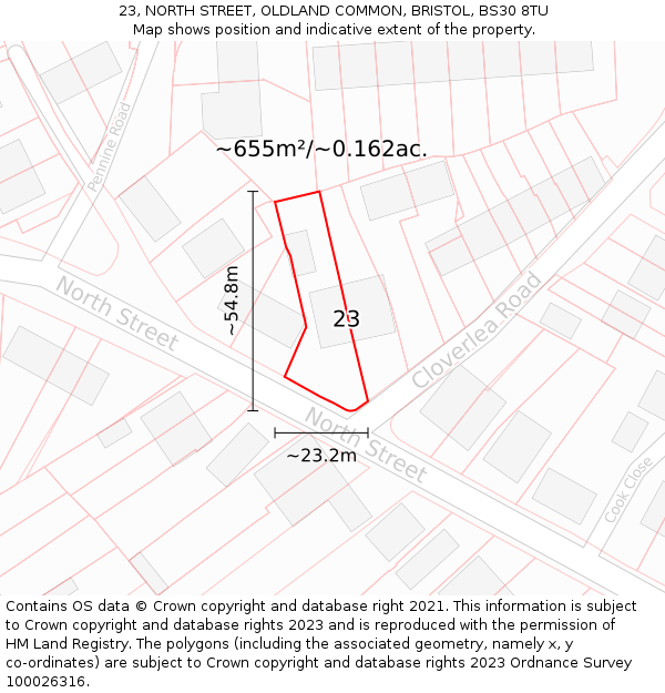 23, NORTH STREET, OLDLAND COMMON, BRISTOL, BS30 8TU: Plot and title map