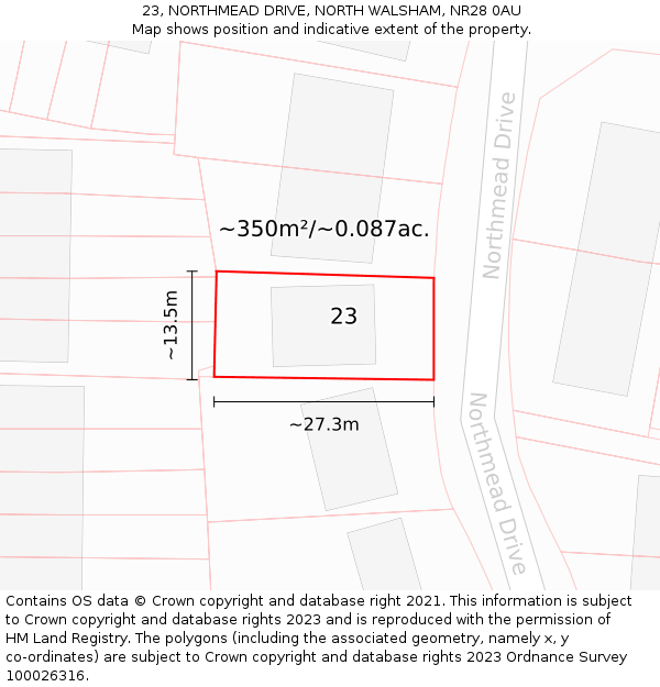 23, NORTHMEAD DRIVE, NORTH WALSHAM, NR28 0AU: Plot and title map