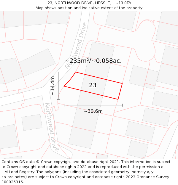 23, NORTHWOOD DRIVE, HESSLE, HU13 0TA: Plot and title map