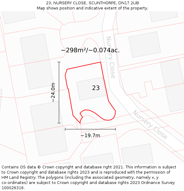 23, NURSERY CLOSE, SCUNTHORPE, DN17 2UB: Plot and title map