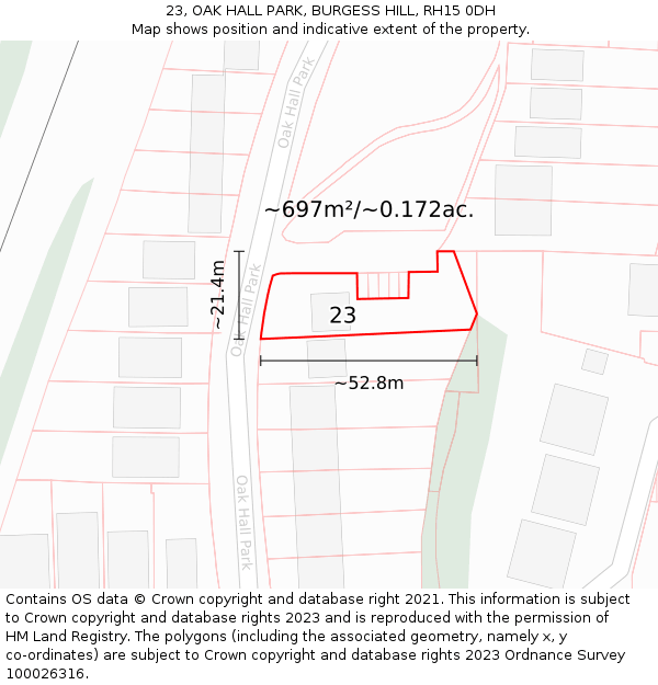 23, OAK HALL PARK, BURGESS HILL, RH15 0DH: Plot and title map