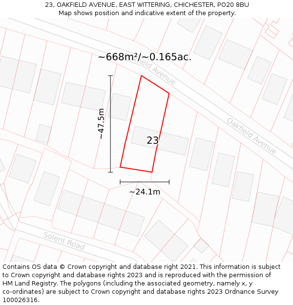 23, OAKFIELD AVENUE, EAST WITTERING, CHICHESTER, PO20 8BU: Plot and title map