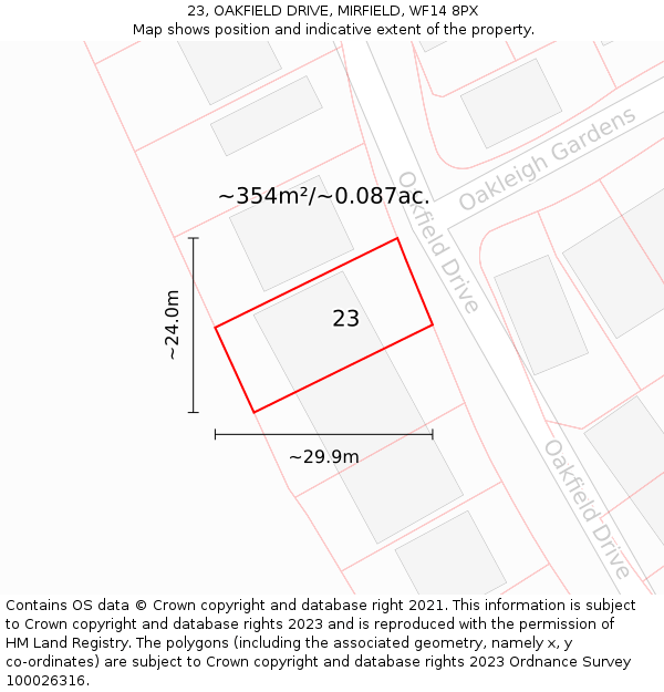 23, OAKFIELD DRIVE, MIRFIELD, WF14 8PX: Plot and title map