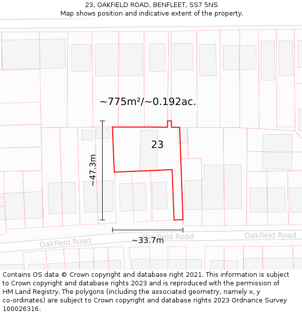 23, OAKFIELD ROAD, BENFLEET, SS7 5NS: Plot and title map