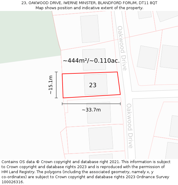23, OAKWOOD DRIVE, IWERNE MINSTER, BLANDFORD FORUM, DT11 8QT: Plot and title map