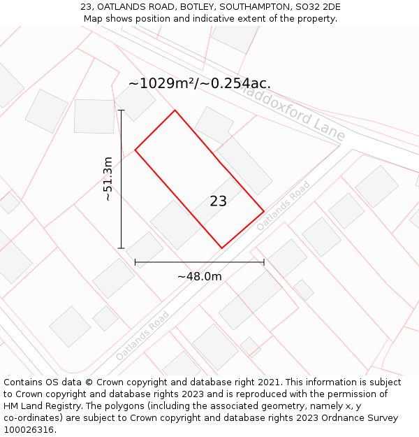 23, OATLANDS ROAD, BOTLEY, SOUTHAMPTON, SO32 2DE: Plot and title map