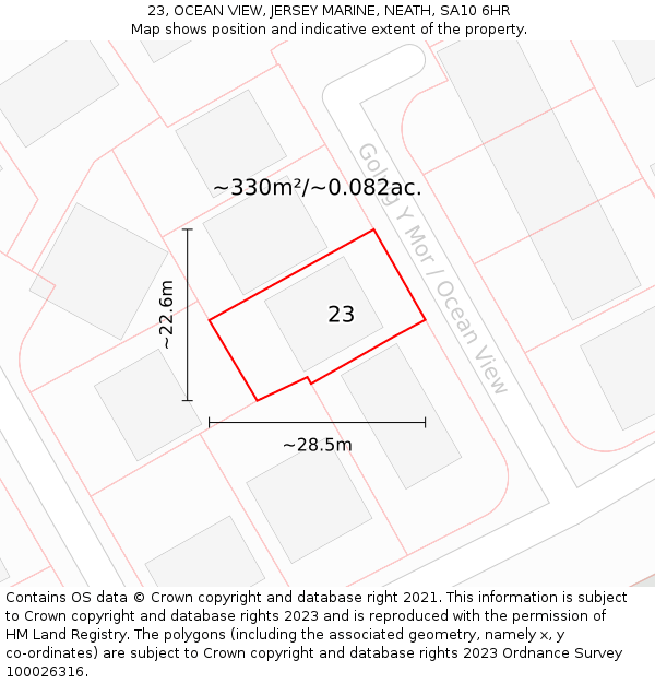 23, OCEAN VIEW, JERSEY MARINE, NEATH, SA10 6HR: Plot and title map