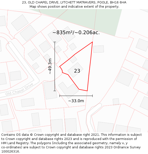 23, OLD CHAPEL DRIVE, LYTCHETT MATRAVERS, POOLE, BH16 6HA: Plot and title map