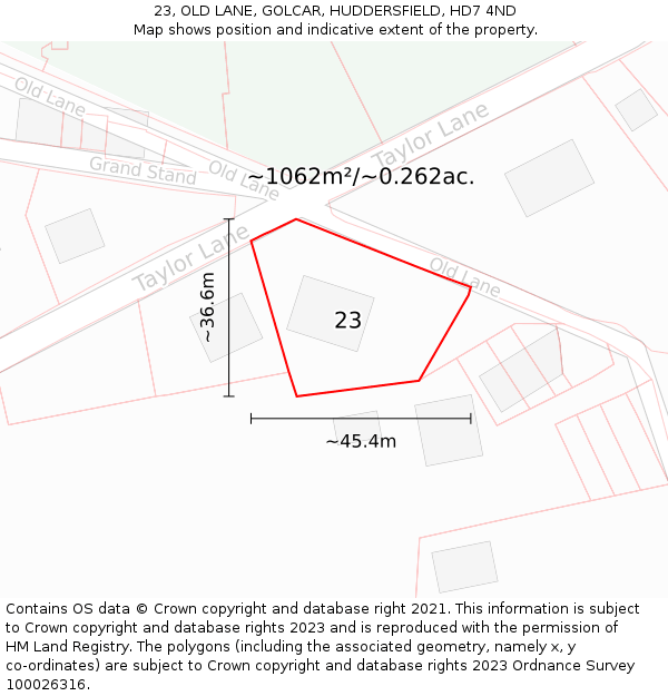 23, OLD LANE, GOLCAR, HUDDERSFIELD, HD7 4ND: Plot and title map