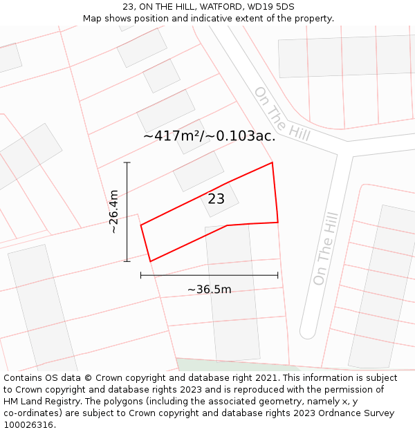 23, ON THE HILL, WATFORD, WD19 5DS: Plot and title map