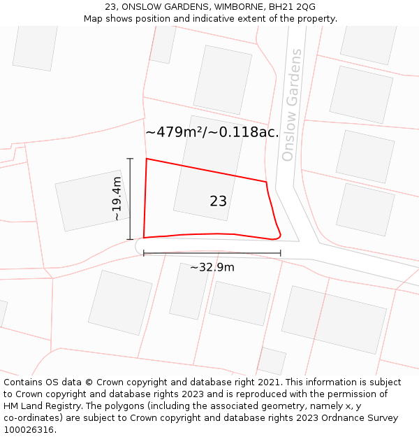 23, ONSLOW GARDENS, WIMBORNE, BH21 2QG: Plot and title map