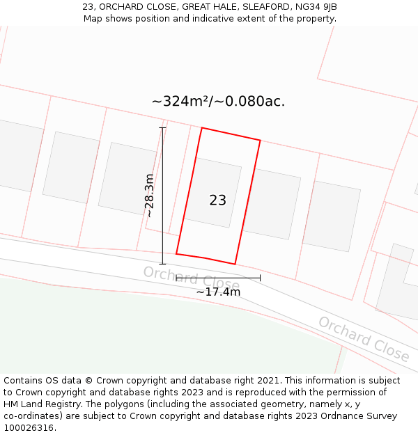 23, ORCHARD CLOSE, GREAT HALE, SLEAFORD, NG34 9JB: Plot and title map