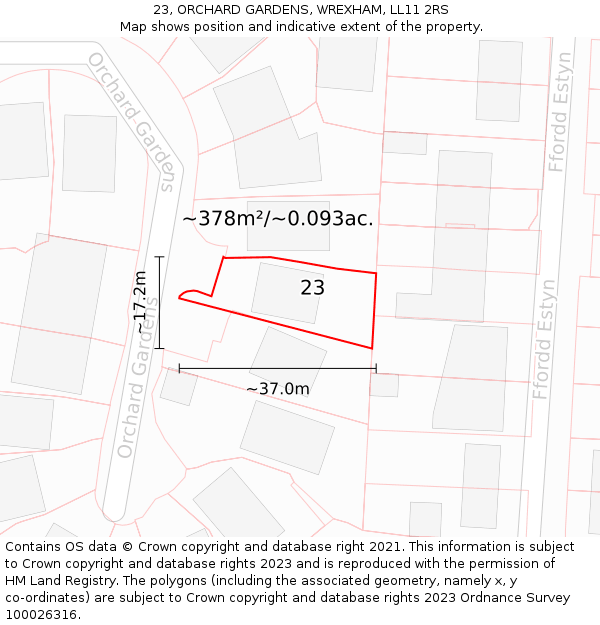 23, ORCHARD GARDENS, WREXHAM, LL11 2RS: Plot and title map