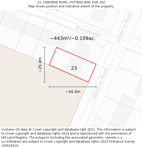 23, OSBORNE ROAD, POTTERS BAR, EN6 1RZ: Plot and title map