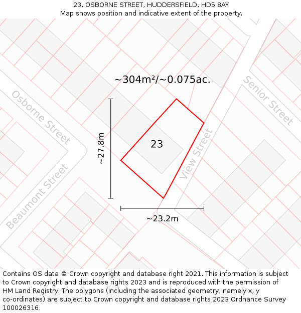 23, OSBORNE STREET, HUDDERSFIELD, HD5 8AY: Plot and title map