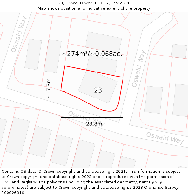 23, OSWALD WAY, RUGBY, CV22 7PL: Plot and title map