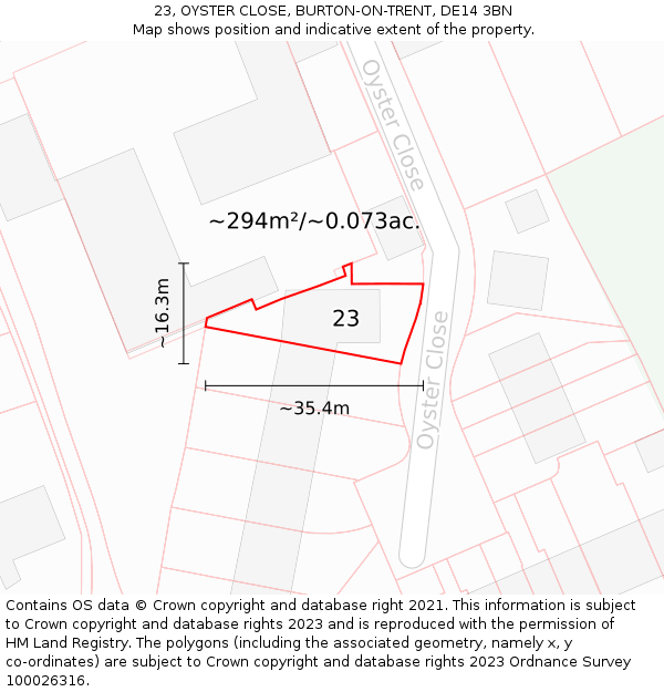 23, OYSTER CLOSE, BURTON-ON-TRENT, DE14 3BN: Plot and title map