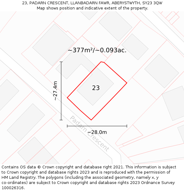 23, PADARN CRESCENT, LLANBADARN FAWR, ABERYSTWYTH, SY23 3QW: Plot and title map