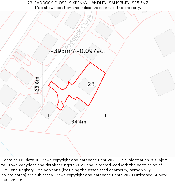 23, PADDOCK CLOSE, SIXPENNY HANDLEY, SALISBURY, SP5 5NZ: Plot and title map