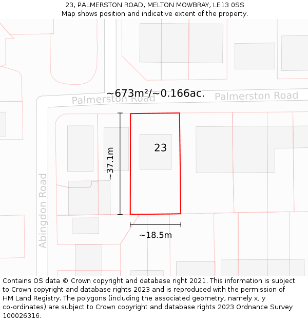 23, PALMERSTON ROAD, MELTON MOWBRAY, LE13 0SS: Plot and title map