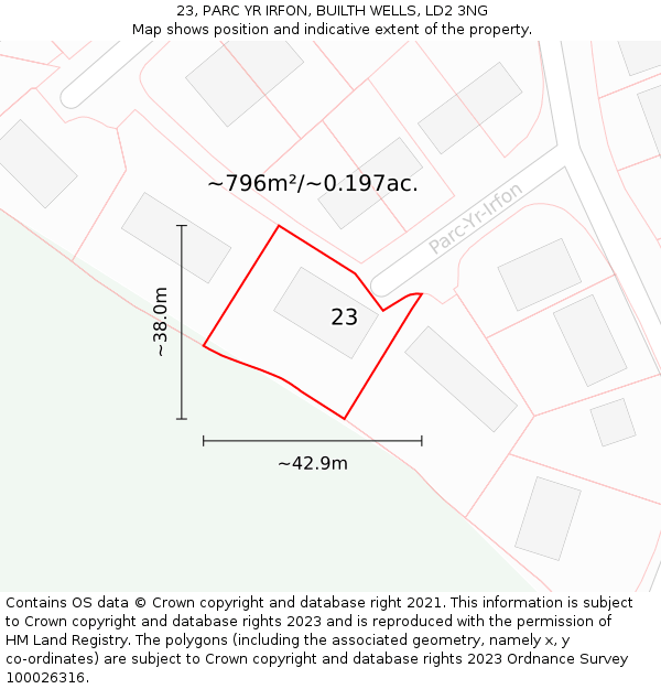 23, PARC YR IRFON, BUILTH WELLS, LD2 3NG: Plot and title map