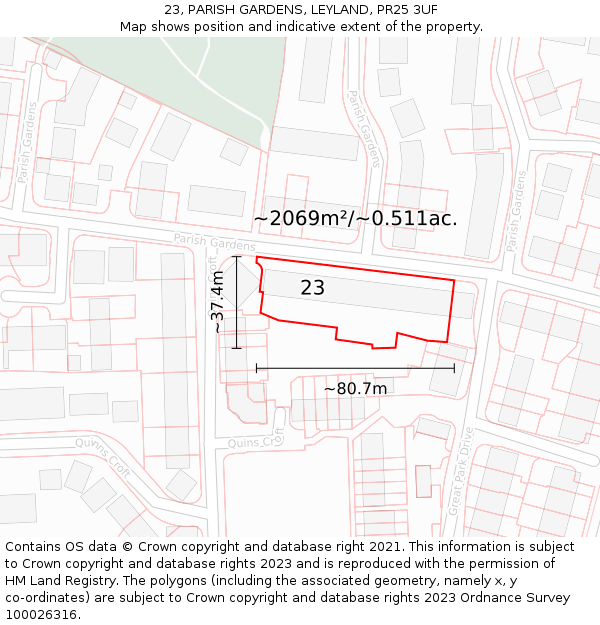 23, PARISH GARDENS, LEYLAND, PR25 3UF: Plot and title map